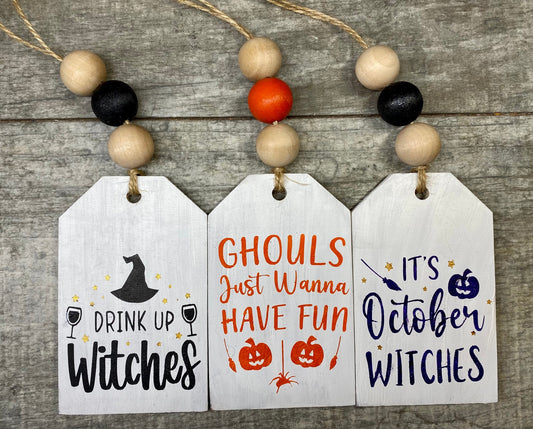 Set of 3 Hand-Painted Halloween wooden gift tags, Witch Decor